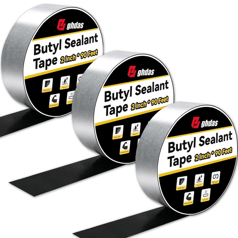 Bghdas - 3 Pack Butyl Sealant Tape 2" X 90' - Double Sided - Black Vapor Barrier Butyl Tape for Wall of Crawl Space, Rv Windows, Deck Boat, Crawlspace (Waterproof, Weatherproof) - Image 1